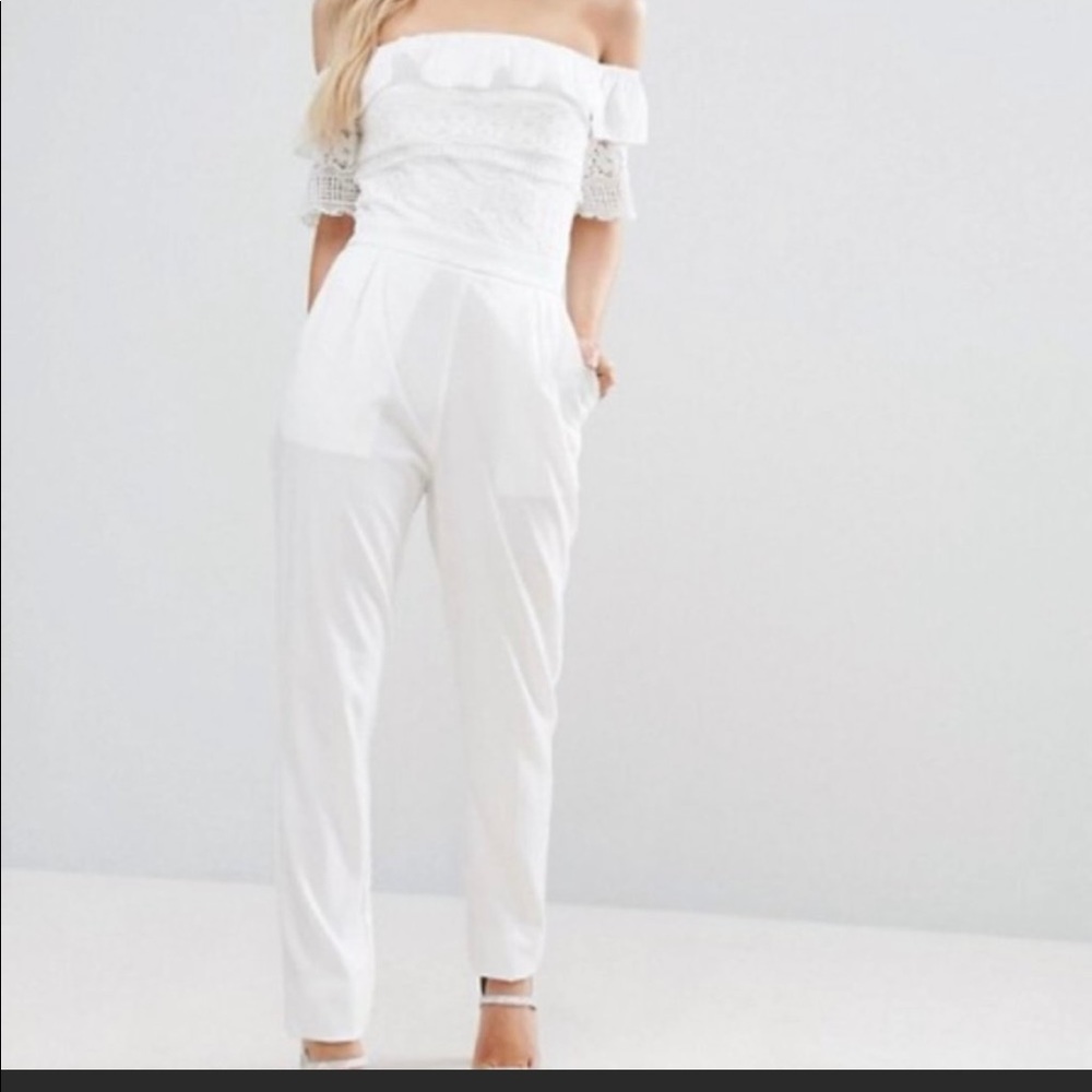 Boohoo Petite white off the shoulder jumpsuit with floral pattern. US 6